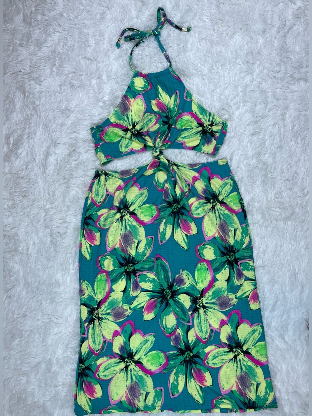 Miken Swim Women’s Tropical Halter Swim Coverup Dress - Teal & Lime Size M NWOT